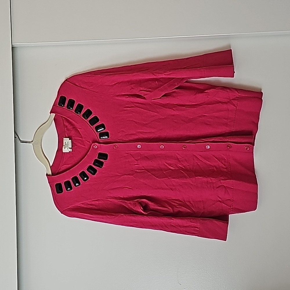 Kate Spade bright pink cardigan with black jewel collar